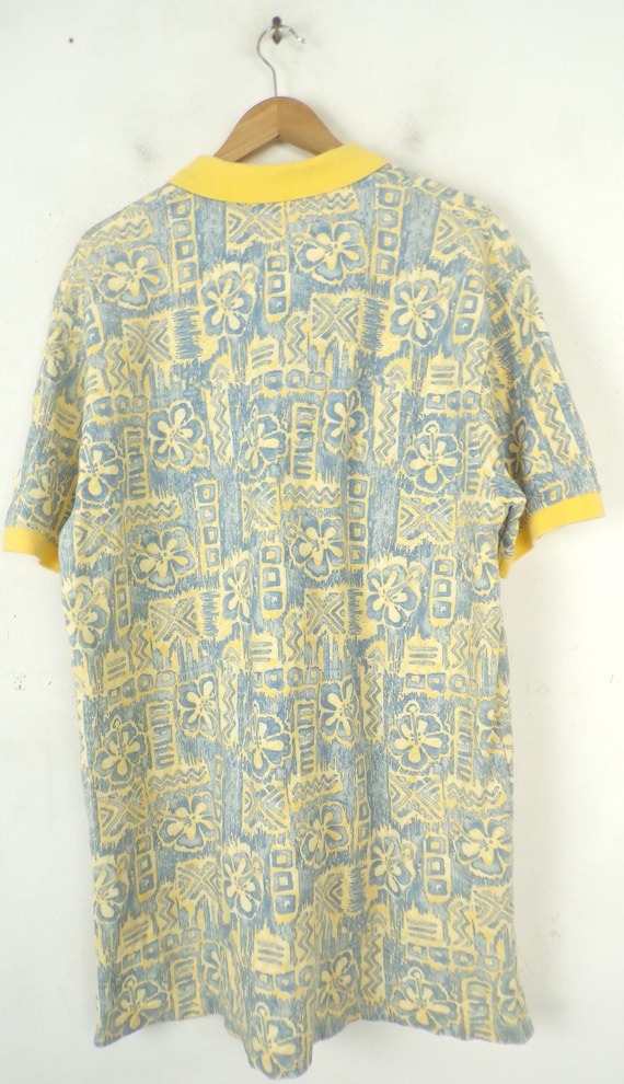 Vintage Mens Hawaiian Print Polo, 90s Yellow & Bl… - image 4