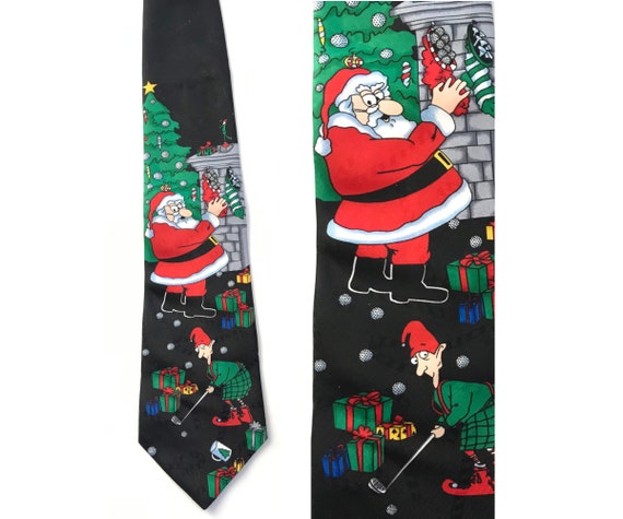 Vintage Santa Elf Golf Tie, Christmas Golf Tie, 90s Holiday Tie, Christmas Tie, Golf Necktie, Elf Playing Golf, Novelty Tie, Santa Golf Tie