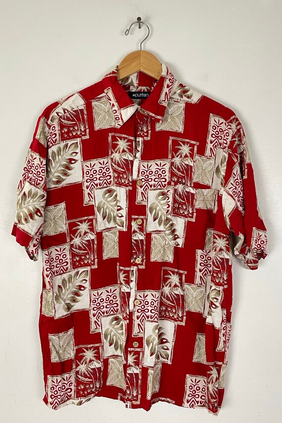 90s Red & Brown Leaf Palm Tree Hawaiian Shirt Men… - image 2