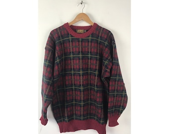 90s Eddie Bauer Plaid Sweater Mens XL | Vintage Red Blue Green Plaid Sweater | Preppy Colorful Plaid Wool Pullover Sweater
