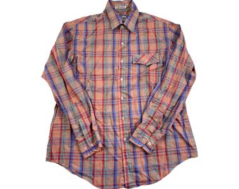 80s Vintage Plaid Shirt Mens Size Large | Orange Purple Blue Red
