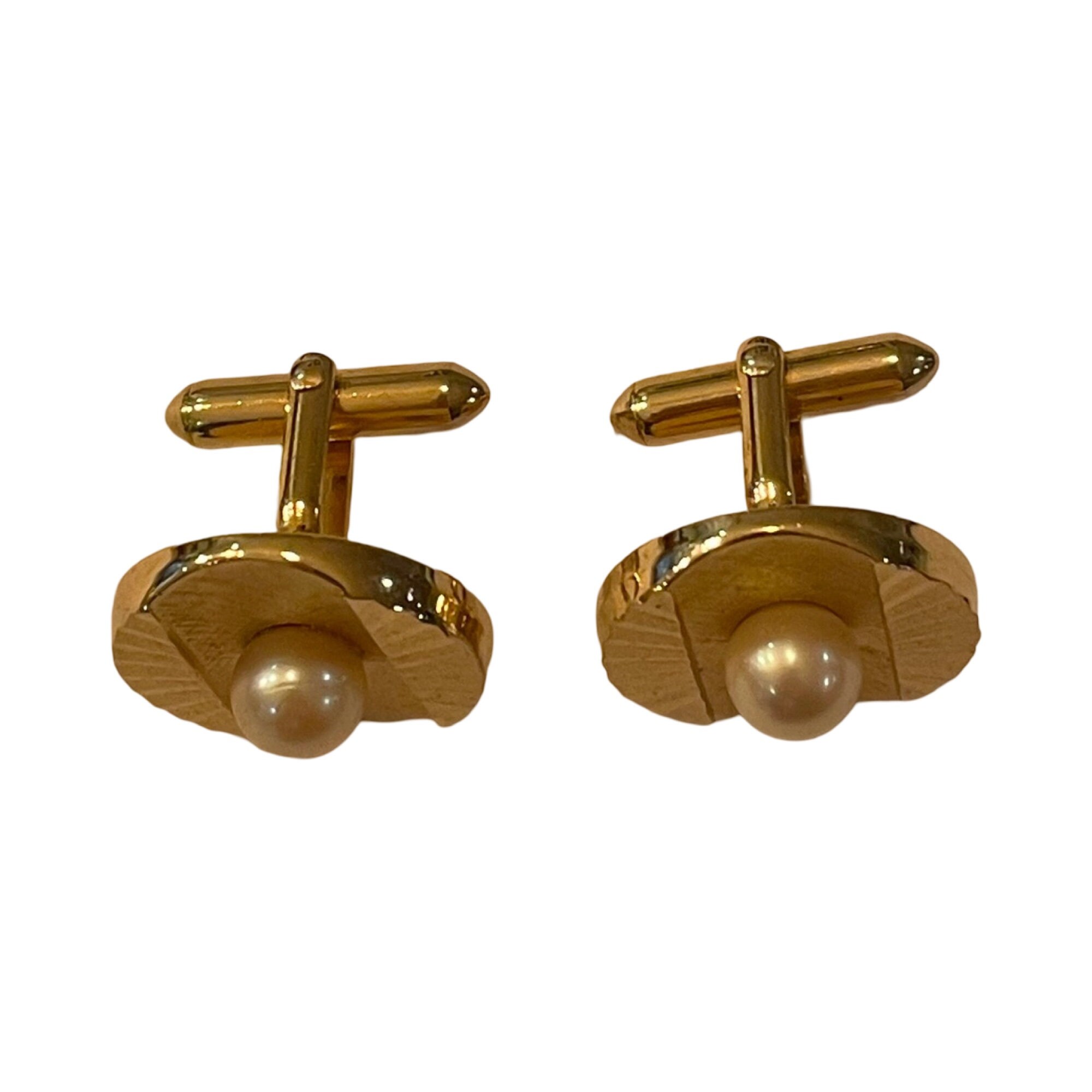 Paire De Boutons De Manchette Anciens Dorés Avec Rond En Nacre - Vintage Rétro - Occasion Très Bon état