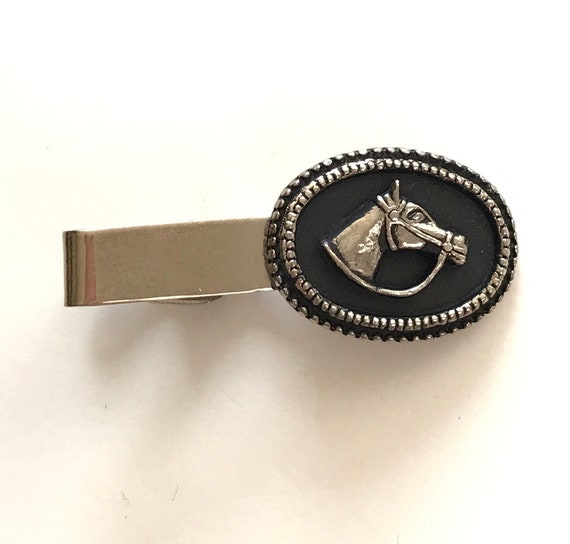 Vintage Mens Horse Head Tie Clip, Silver & Black … - image 2