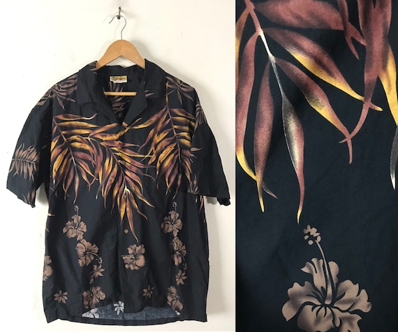 Vintage Mens Leaf Print Hawaiian Shirt, Black & B… - image 1