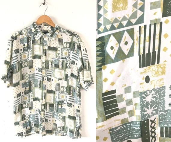 Vintage Abstract Print Silk Shirt, 90s Green & Whi