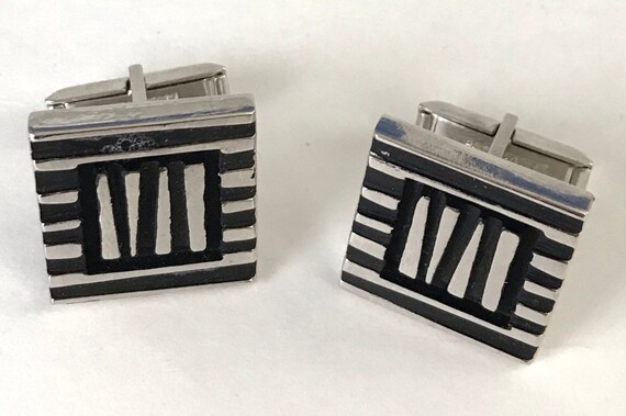 Vintage Silver & Black Striped Square Cuff Links,… - image 2