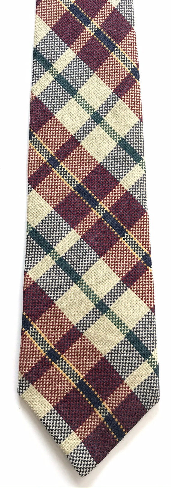 90s Beige Red & Blue Plaid Tie, Plaid Necktie, Co… - image 2