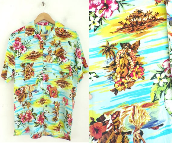 Vintage Mens Hawaiian  Hula Girl Shirt, 1990s Bri… - image 1