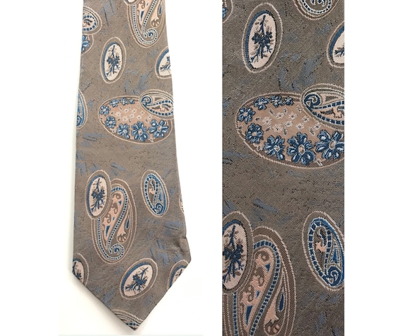 80s Brown & Blue Paisley Tie, Abstract Print Tie,… - image 1