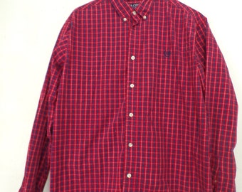 Vintage 90s Chaps Plaid Shirt, Red Blue White Cotton, MensSize XL