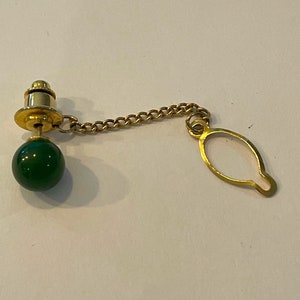 Vintage Green Pearl Tie Tack With Chain, Classic Preppy Gold Green Mens Tie Tack, Wedding Formal Event Mens Jewelry