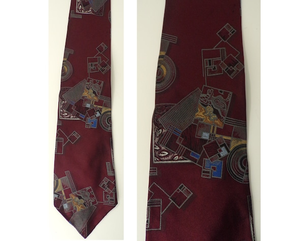 90s Mario Valentino Dark Red Geometric Mens Tie, … - image 1