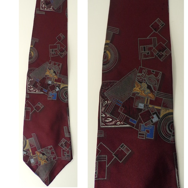 90s Mario Valentino Dark Red Geometric Mens Tie, Necktie, Mens Tie, Geometric Print, Dark Red Tie, Mario Valentino, Printed Tie, 90s Tie