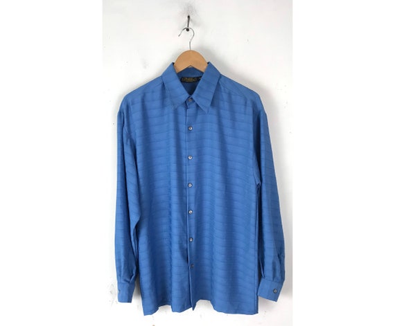 Vintage Mens Textured Shirt, 1980s Blue Button Do… - image 1