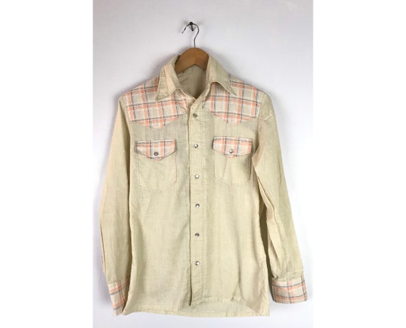 Vintage Beige & Orange Plaid Western Shirt Mens Sm