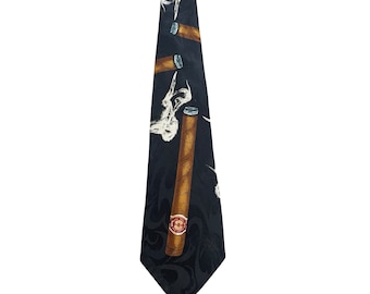 May include: A black silk tie with a repeating pattern of brown cigars and white smoke.