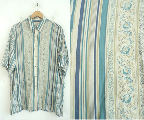 Vintage Blue & Tan Striped Floral Print Shirt Men