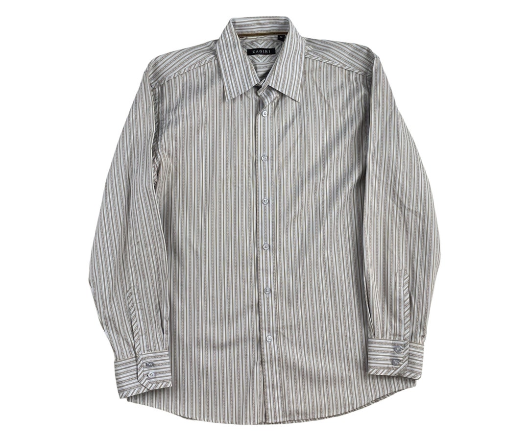 Vintage Light Blue & Brown Striped Dress Shirt Mens Medium, Classic