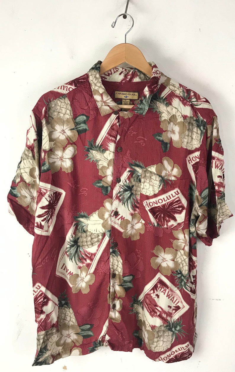 Vintage Red Floral Pineapple Hawaiian Shirt Mens XL Flowered Honolulu Hawaii Shirt Tropical Pineapple Palm Tree Summer Hawaiian Shirt