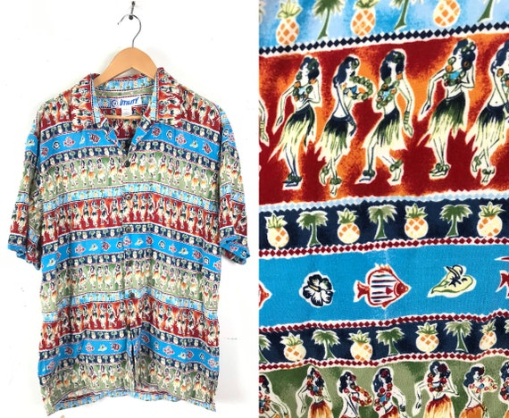 90s Hula Girl Palm Tree Fish Hawaiian Shirt Mens L