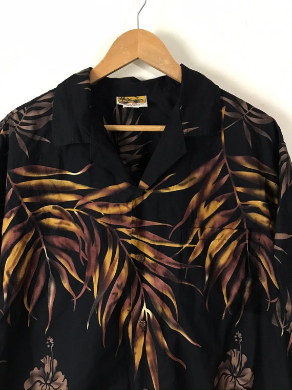 Vintage Mens Leaf Print Hawaiian Shirt, Black & B… - image 3