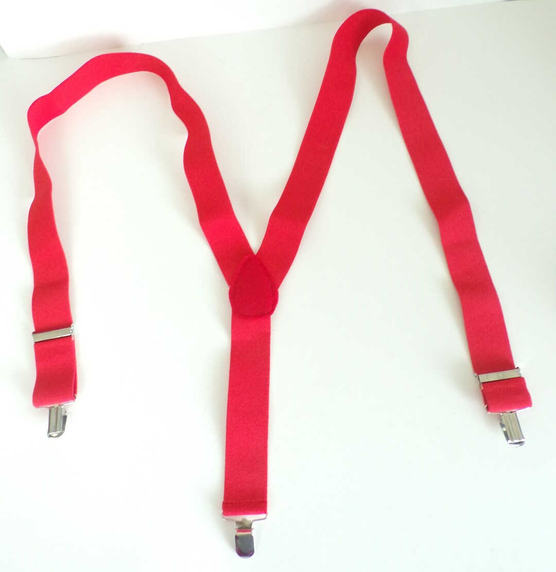 Vintage Mens Red Suspenders, Bright Red Clip on Suspenders, Red