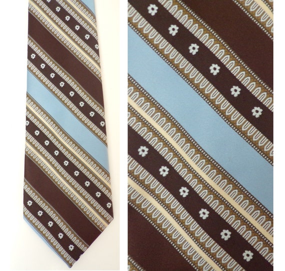 80s Brown & Light Blue Striped Floral Tie, Strawb… - image 1