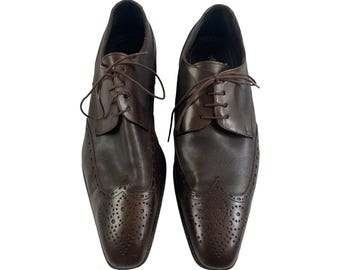Mocasines vintage de cuero marrón oscuro con punta de ala / Talla 48 para hombre