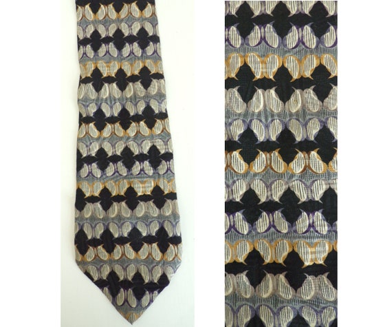 Vintage Black Blue & Gold Abstract Print Tie, 90s 