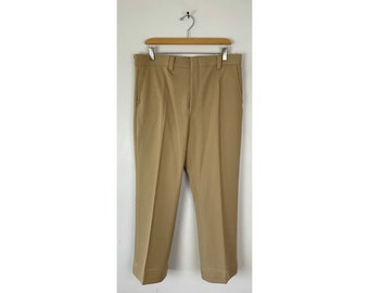 Vintage Tan Polyester Cropped Pants Mens Size 34 Waist, 1970s Handmade Khaki Polyester Pants, Retro Funky Cropped Mens Pants