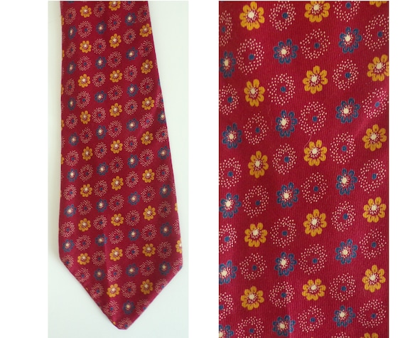 80s Red Yellow & Blue Floral Tie, Handmade Tie, F… - image 1