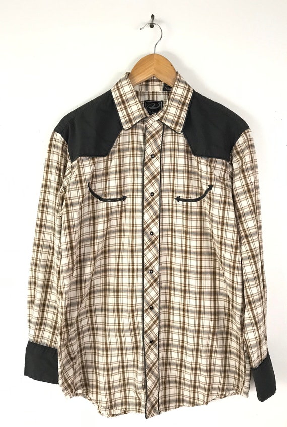 Vintage Brown Black Gold Plaid Western Shirt Mens Medium Gold
