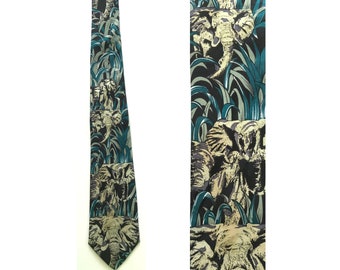 Vintage Herren Elefanten Skinny Krawatte, 90er Jahre Elefanten im Gras Krawatte, Wild Jungle Krawatte, Vintage Skinny Krawatte, Neuheit Grafikdruck Krawatte