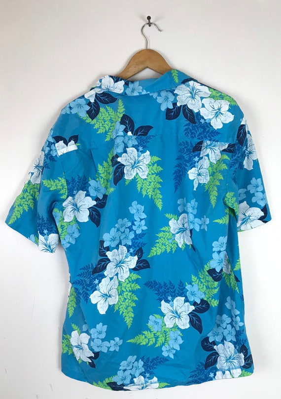 Vintage Blue Green & White Floral Hawaiian Shirt … - image 5