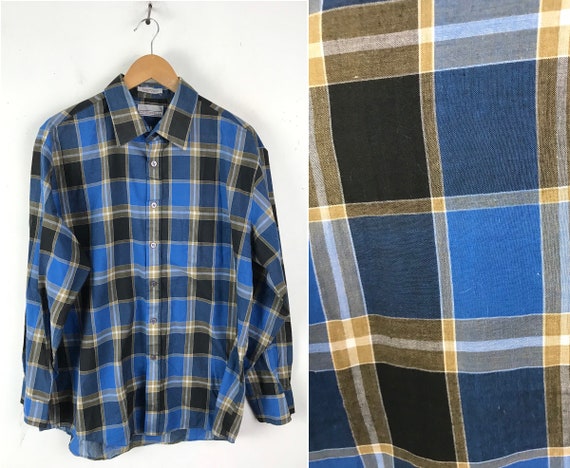 80s Blue Brown Black Plaid Button Down Shirt Mens