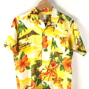 Vintage Mens Hawaiian Shirt, 70s Sears Floral Island Shirt Medium/Large, Yellow Orange Tropical Beach Hawaiian Shirt, 1970s Bright Hawaiian