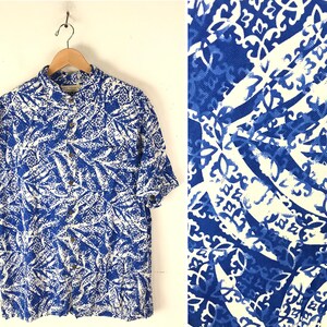 Vintage Mens Silk Hawaiian Shirt , 1990s Blue & White Print Shirt Mens XL, Blue Abstract Shirt, Beach Summer Tropical Shirt, Print Hawaiian image 1