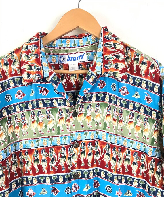 Vintage Mens Hawaiian Shirt, 90s Hula Girl Palm T… - image 3