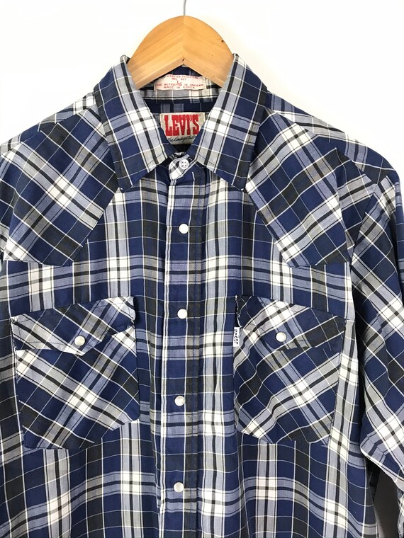 Vintage Levis Blue Black & White Plaid Western Sh… - image 3