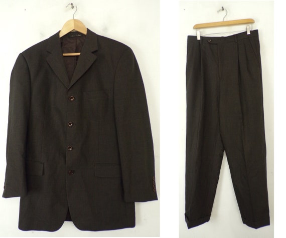 Vintage Brown Black Two Piece Suit Mens Size 40L &