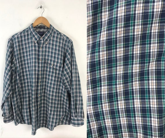 90s Blue Green Yellow Tartan Plaid Shirt Mens Siz… - image 1