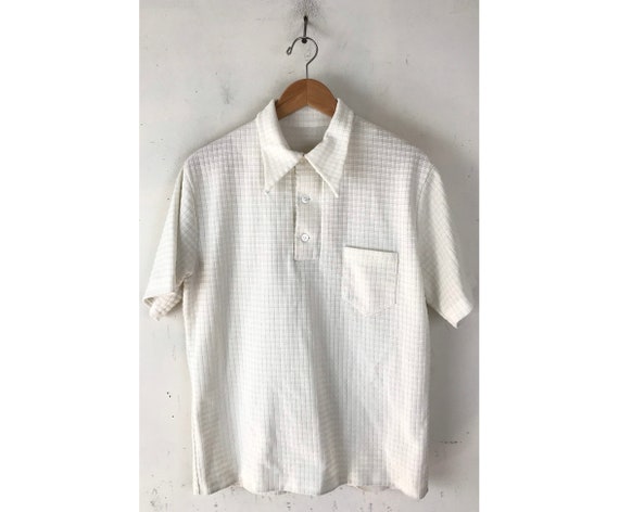 70s White Plaid Handmade Polo Shirt Mens Medium, V