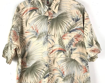 Camisa hawaiana Tori Richard de los 90, color beige, verde y naranja, con estampado de hojas, talla XL para hombre. Camisa hawaiana con estampado de hojas, camisa tropical de verano, camisa hawaiana con estampado de hojas para hombre.