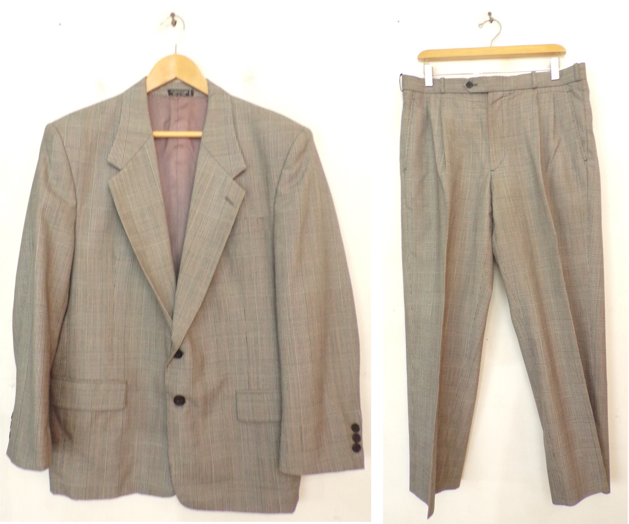 Vintage Mens Plaid Suit, Black White Red Two Piece Size 42S & 36W, Cropped Pants Suit 1990s Suit