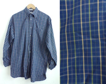 Vintage Mens Plaid Shirt, 80s Blue Yellow & Green Plaid Shirt  Medium, Mens Dress Collared Button Down Shirt Classic Preppy Shirt, Hong Kong