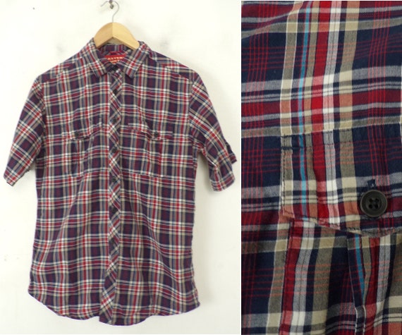 Vintage Mens Plaid Shirt 90s Button Down Mens Sma… - image 1