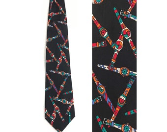 May include: A black silk tie with a repeating pattern of colorful wristwatches. The watches are in various shades of red, orange, blue, green, and white.