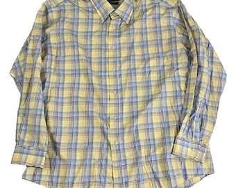 Vintage Yellow Blue & Brown Plaid Shirt Mens XL, Bright Preppy Bold Plaid Button Down Shirt, Mens Yellow Plaid Shirt