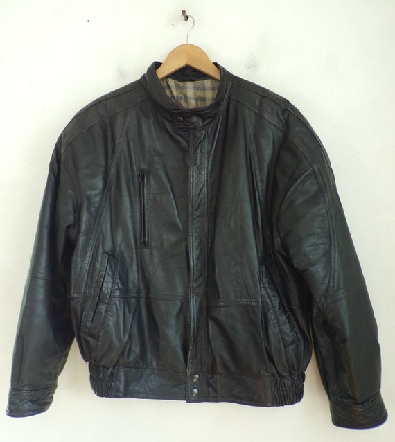 Vintage Black Leather Zip Front Coat Mens Size 48,