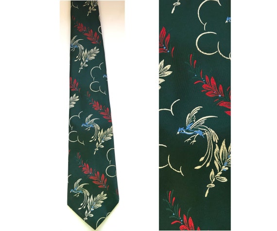 70s Floral Birds Tie, Green Red & White Flowered … - image 1